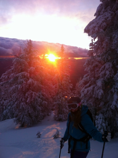 Big Mountain skier Pip Hunt proudly guiding me down Glory Bowl as the sun rose on my first ski day in Jackson Hole last winter 